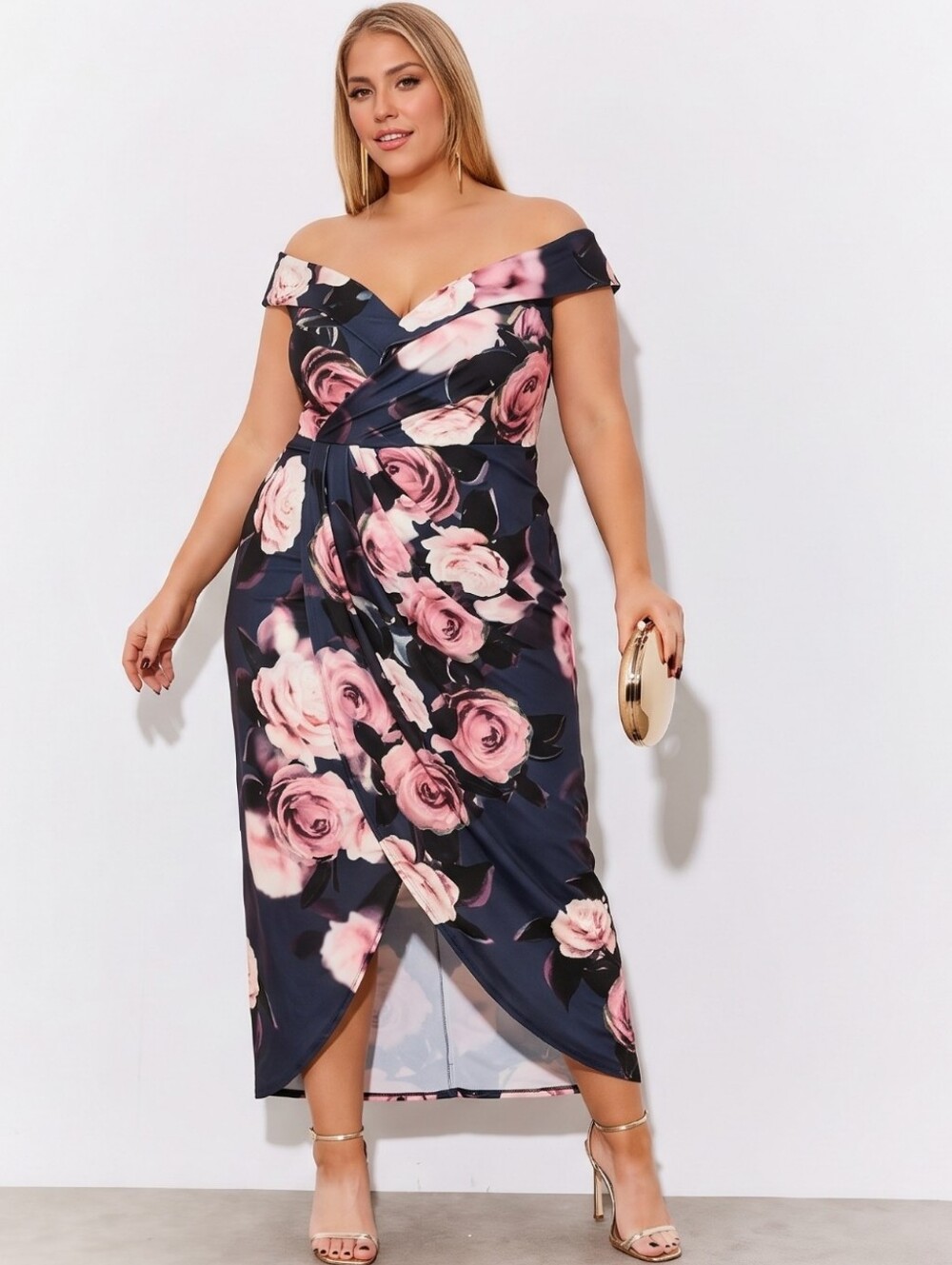 City Chic Women's Plus Size Black Floral Off The Shoulder Midi Dress Sz L/20